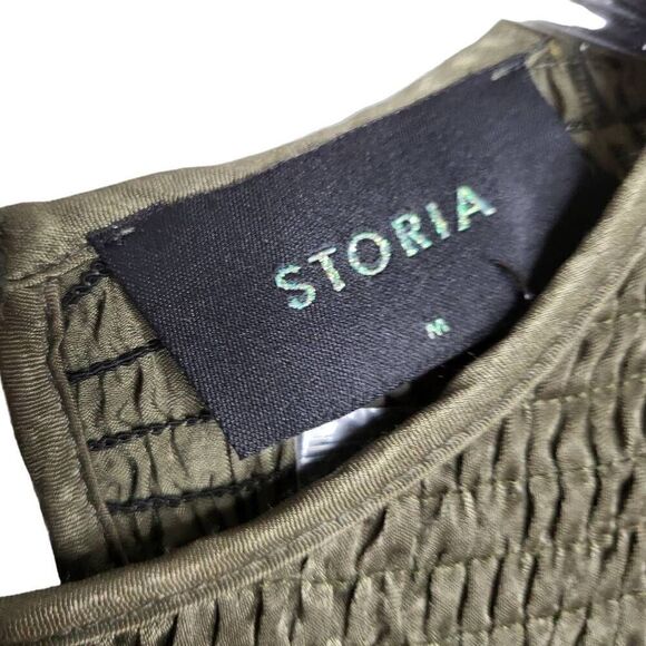 NEW STORIA Olive Green Cold Shoulder Balloon Sleeves Ruffle Mini Dress Medium - Picture 10 of 11